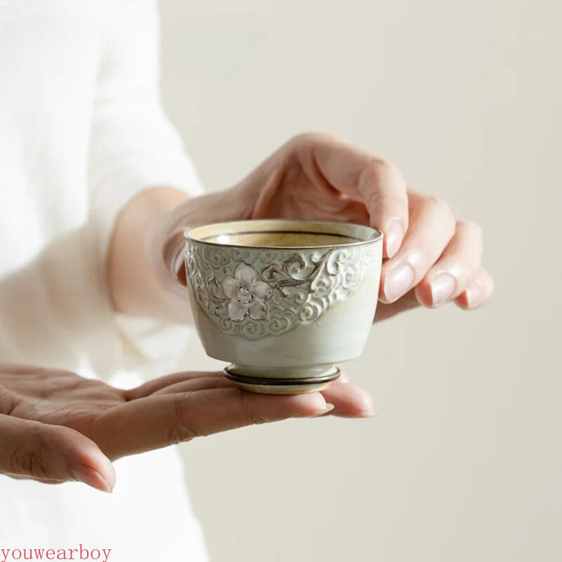 Powder Yin White Tea Cup Carved Drawing Silver Vine Flower High Foot Tea Bowl
