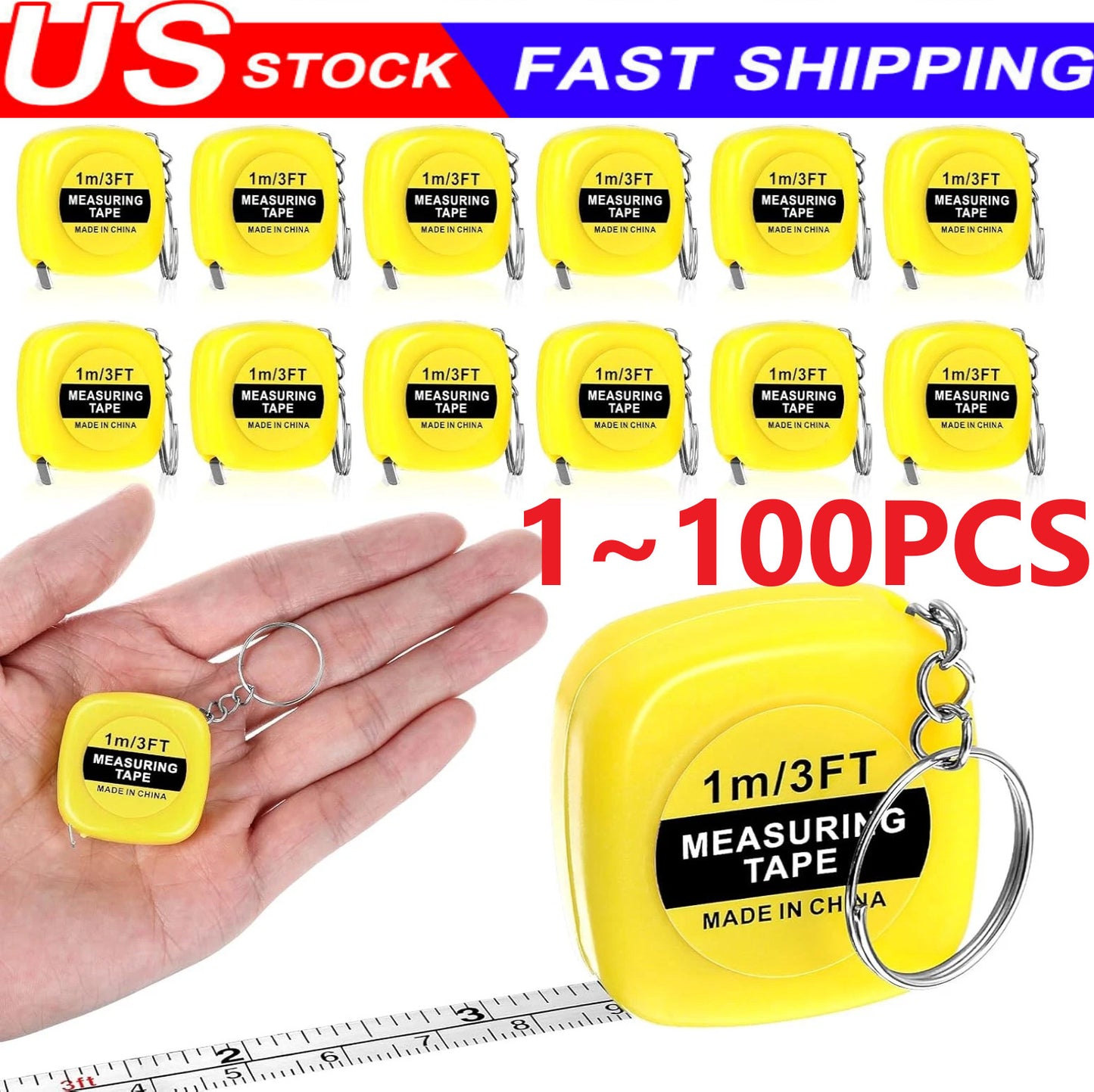 1~100PCS Retractable Ruler Tape Measure Mini Portable Pull Ruler Keychain 1m/3ft