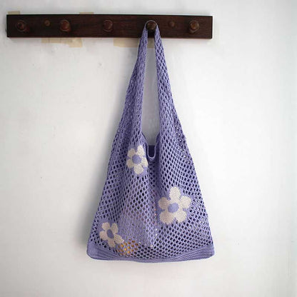 Summer Flower Handbag Knitted Shoulder Bag Large Shopping Woven Hollow Beach Bag