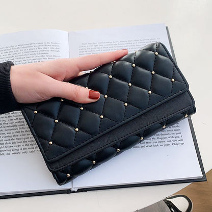 Luxury Long Wallet Quilted Soft Leather Wallets Studded Coin Purse Card Clutch