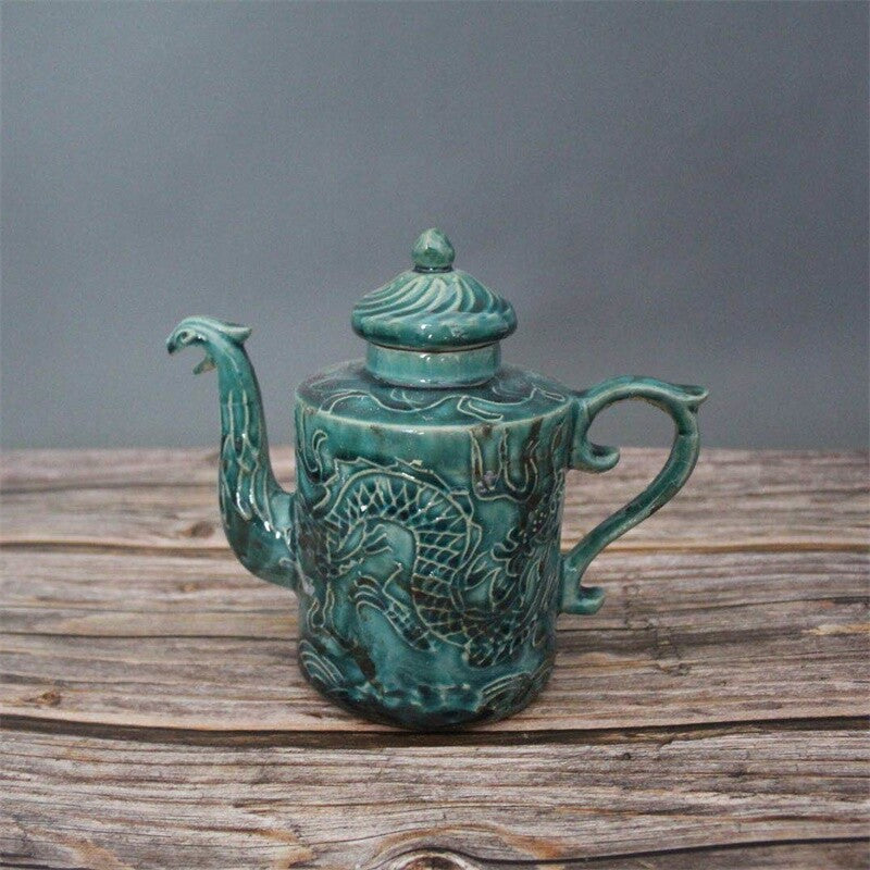 17cm Chinese Antique Song Porcelain Green Glaze Dragon Phoenix Pattern Teapot