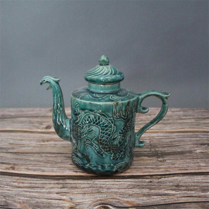 17cm Chinese Antique Song Porcelain Green Glaze Dragon Phoenix Pattern Teapot