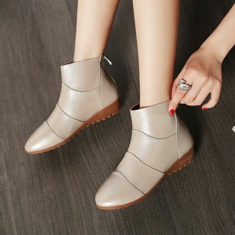 Women Chelsea Wedge Heels Flats Ankle Boots Beige Plus Size New Back Zip Shoes @