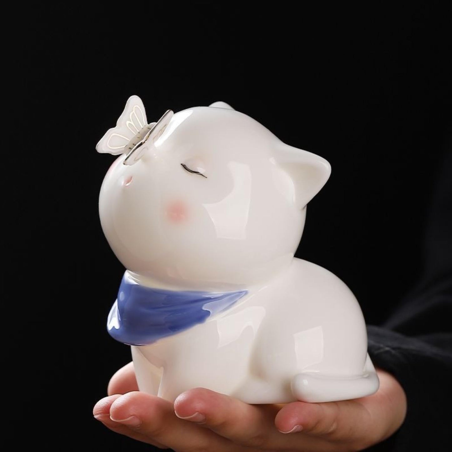 Chinese Cat White Ceramic Tea Pet 11.5cm Desktop Decoration Tea Play