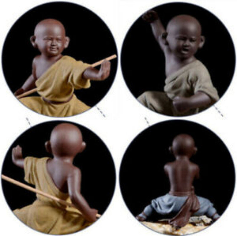 4pcs Kungfu Boy Statue Handmade ShaoLin Monk Kungfu Pose Purple Clay Tea Pet