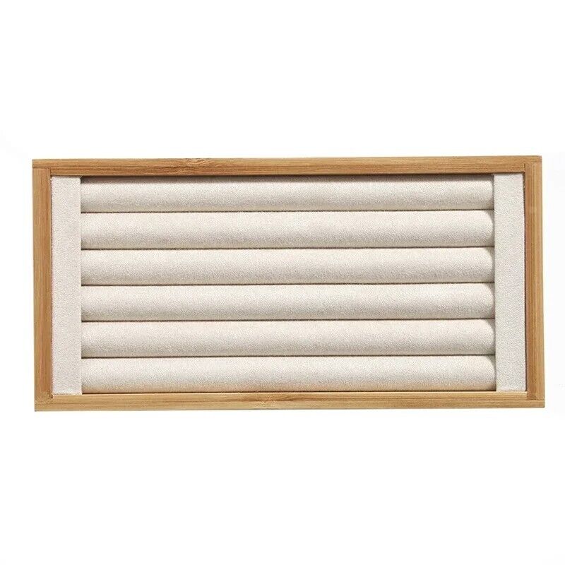 Jewelry Rings Display Holders Bamboo Beige Tray Organizer Stands 22.4x11.2x2.3cm