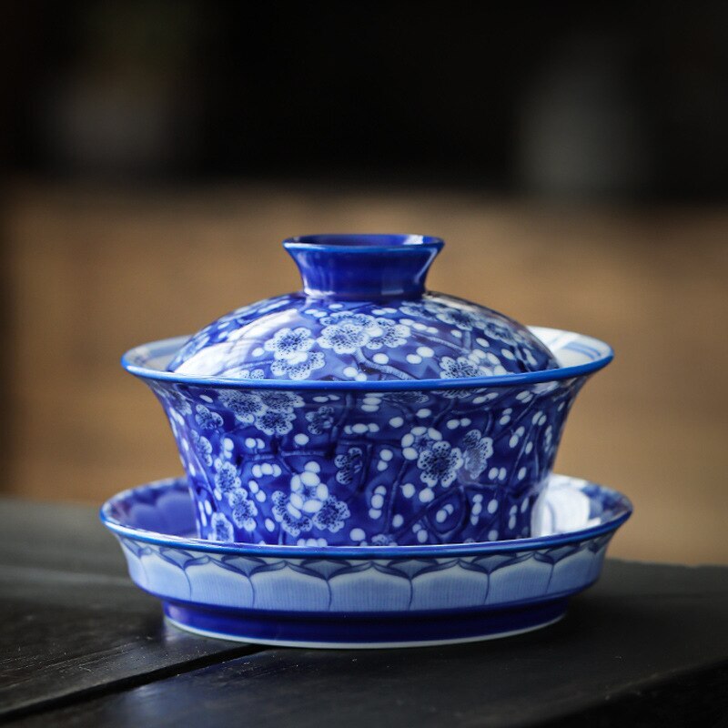 Blue and White Porcelain Gaiwan Full Color Porcelain Set Three-Piece Tea Tureen