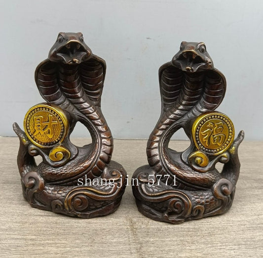 Pair 5" Brass Cobra Snake Statue Artwork Collection Wealth Feng Shui Home Decor