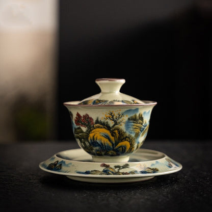 Colorful Ceramic Opening Gaiwan For Tea Landscape Tureen Teaware Set Chinese
