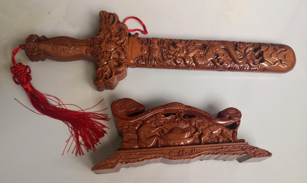 Feng Shui Dragon Peach Wood Sword Base Blessing Exorcise Evil