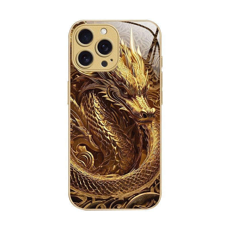 For iPhone 17 Pro Max/16/15 Plus/14 Metal Glass Painted Dragon Shockproof Case