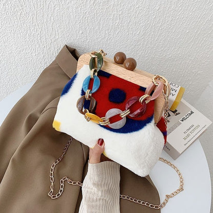 Clip Plush Handbag Acrylic Chain Shoulder Crossbody Bag Clutch 24*20*11 CM Hasp