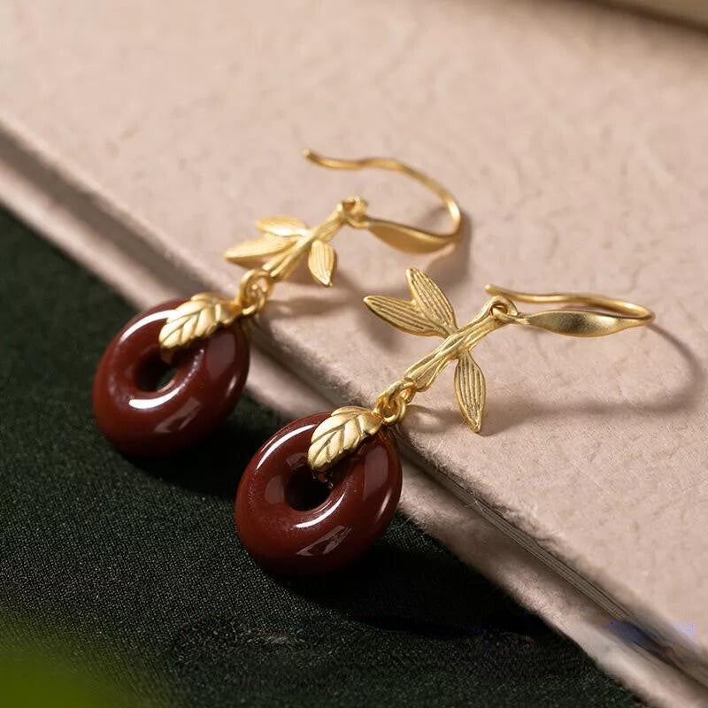 New Vintage Jewelry Red Jade Donut Earrings Women 925 Silver