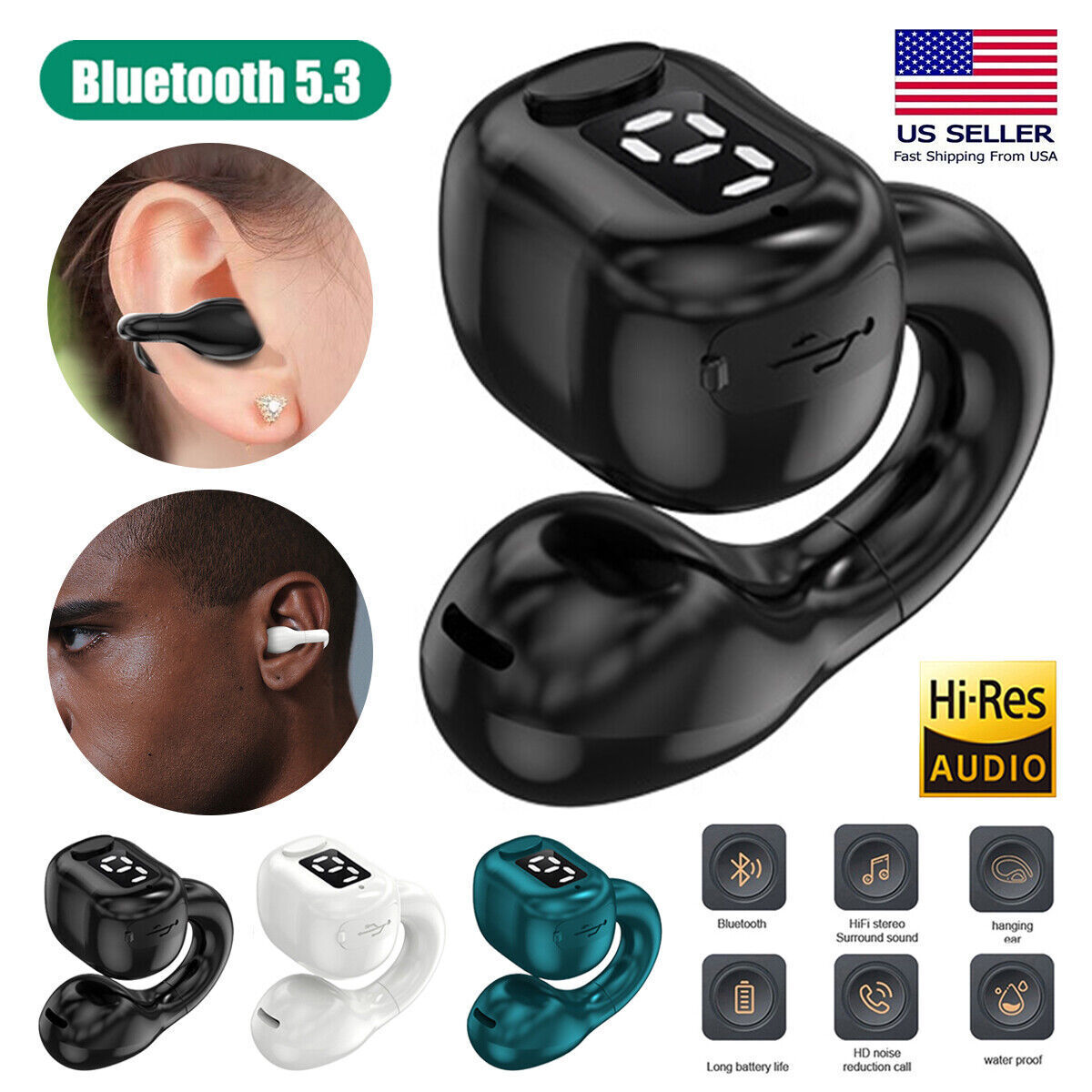 Bluetooth 5.3 Wireless Sport Headset Earbuds Ear Clip Bone Conduction Headphones