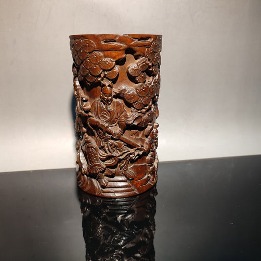 chinese carved brush pot pots pen case statue antique wood carving Warrior story