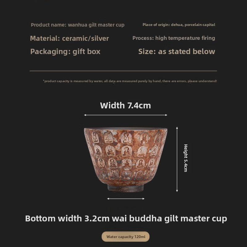 1Pc Chinese Retro Teacup Buddhism Silvering Master Cup Ceramics Tea Tasting Cup
