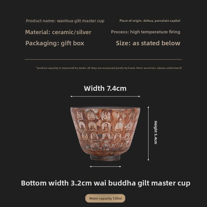 1Pc Chinese Retro Teacup Buddhism Silvering Master Cup Ceramics Tea Tasting Cup