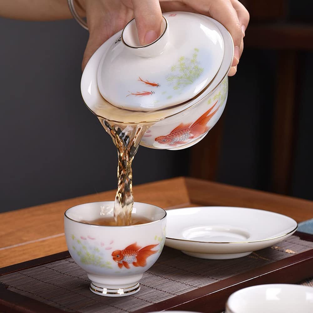 185ml Hand Painted Koi Pattern Gaiwan Teacup Bowl Kung Fu Tea Set Tureen