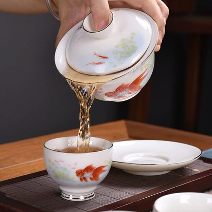 185ml Hand Painted Koi Pattern Gaiwan Teacup Bowl Kung Fu Tea Set Tureen