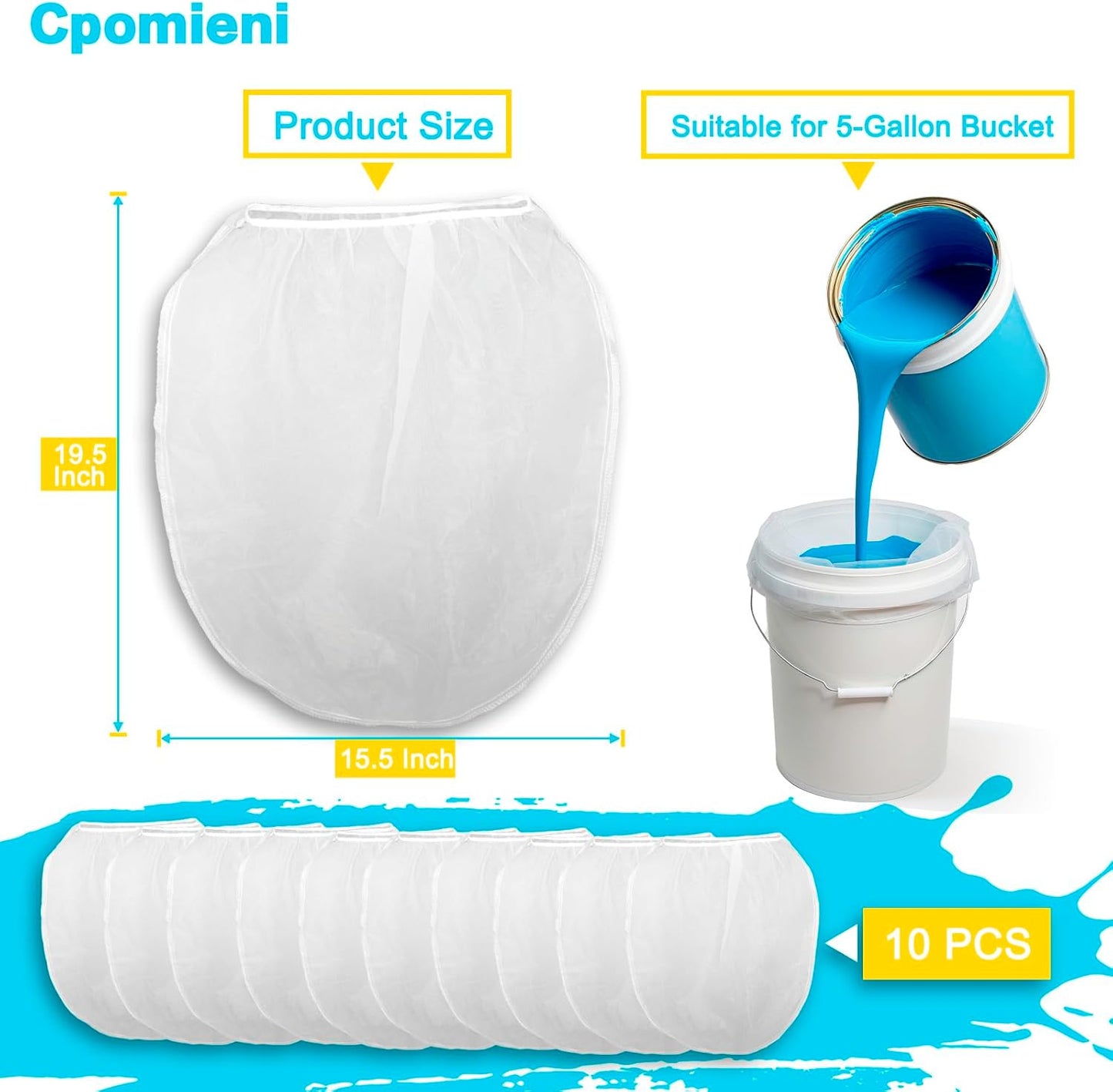 10 PCS Paint Filter Bags, 5 Gallon White Fine Mesh Strainer Bags, Elastic Top Op