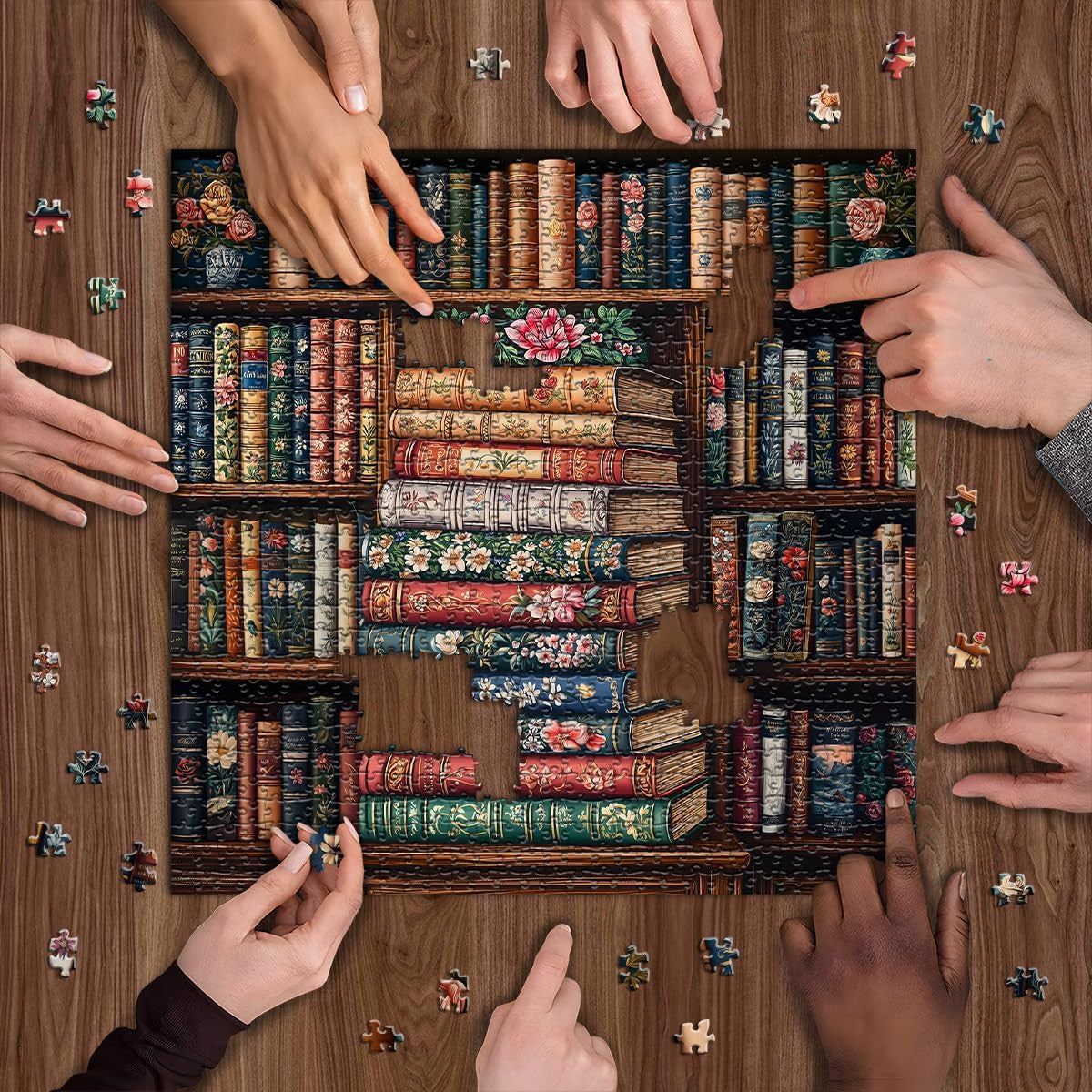 Vintage Book Puzzles for Adults 1000 Pieces, Bookshelf Wildflower Pages Jigsaw P