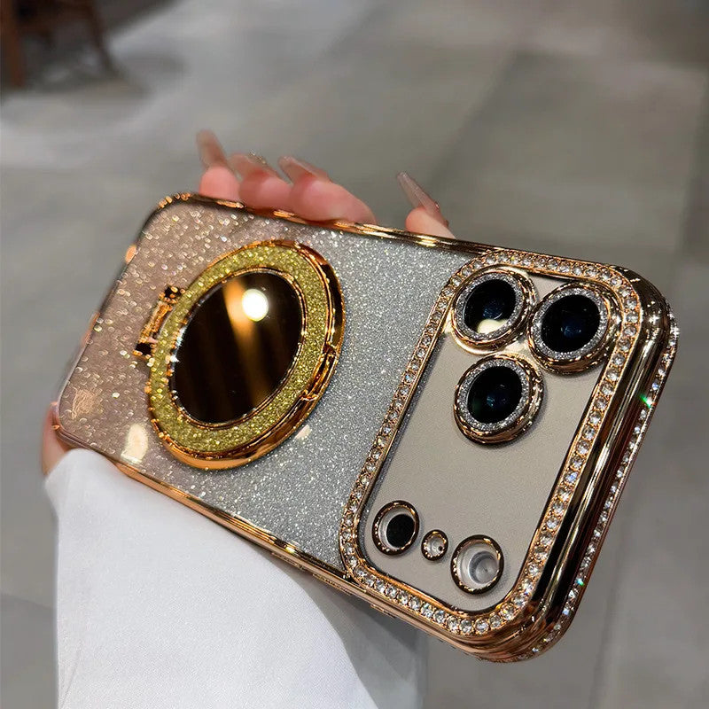 IPhone17 Magnetic Glitter Mobile Phone Case Rhinestone Mirror Invisible Bracket