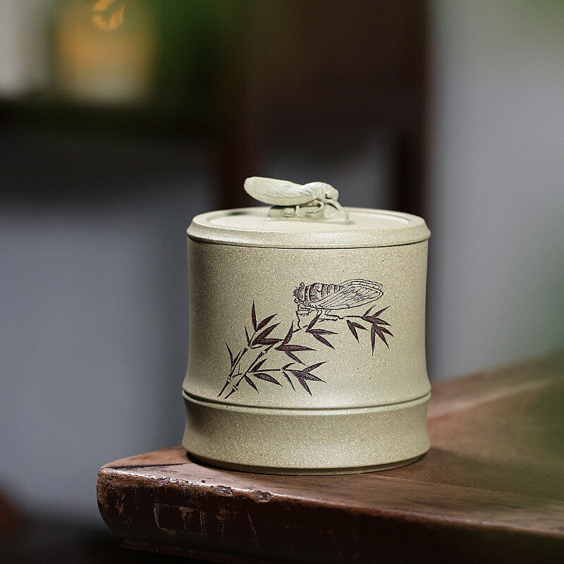 Full Handmade Tea Canister Carved Yixing Zisha Purple Clay Sealed Caddy For Tea