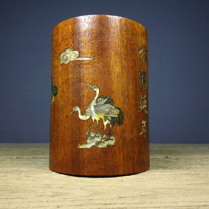 Vintage Rosewood Brush Pot, Inlaid Abalone Pine Crane, 15cm