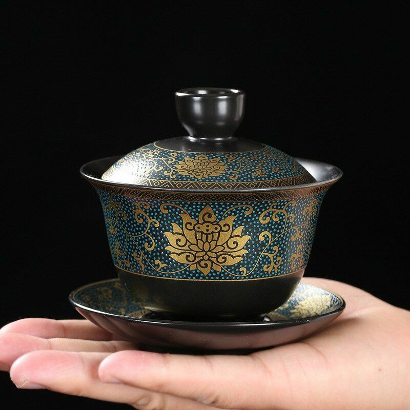 Chinese Tea Set Classical Gaiwan Cup Black Clay 180ml Traditional Handmade Bowl