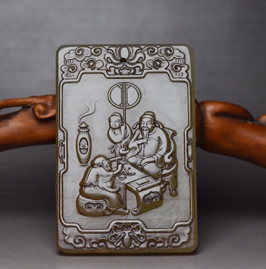 Chinese Natural Hetian Jade Carved Figure Story Statue Jade Pendant Jewelry Rare