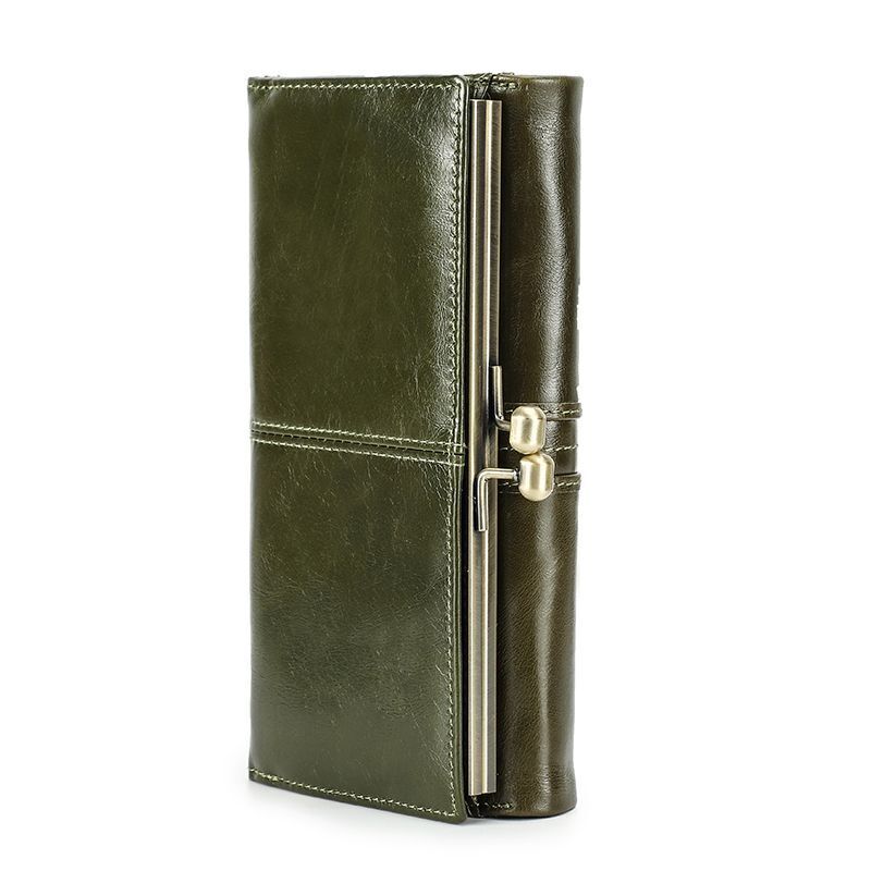 Wallet Metal Frame Genuine Leather Purse Hasp Zipper Coin Pocket Card Holder Bag