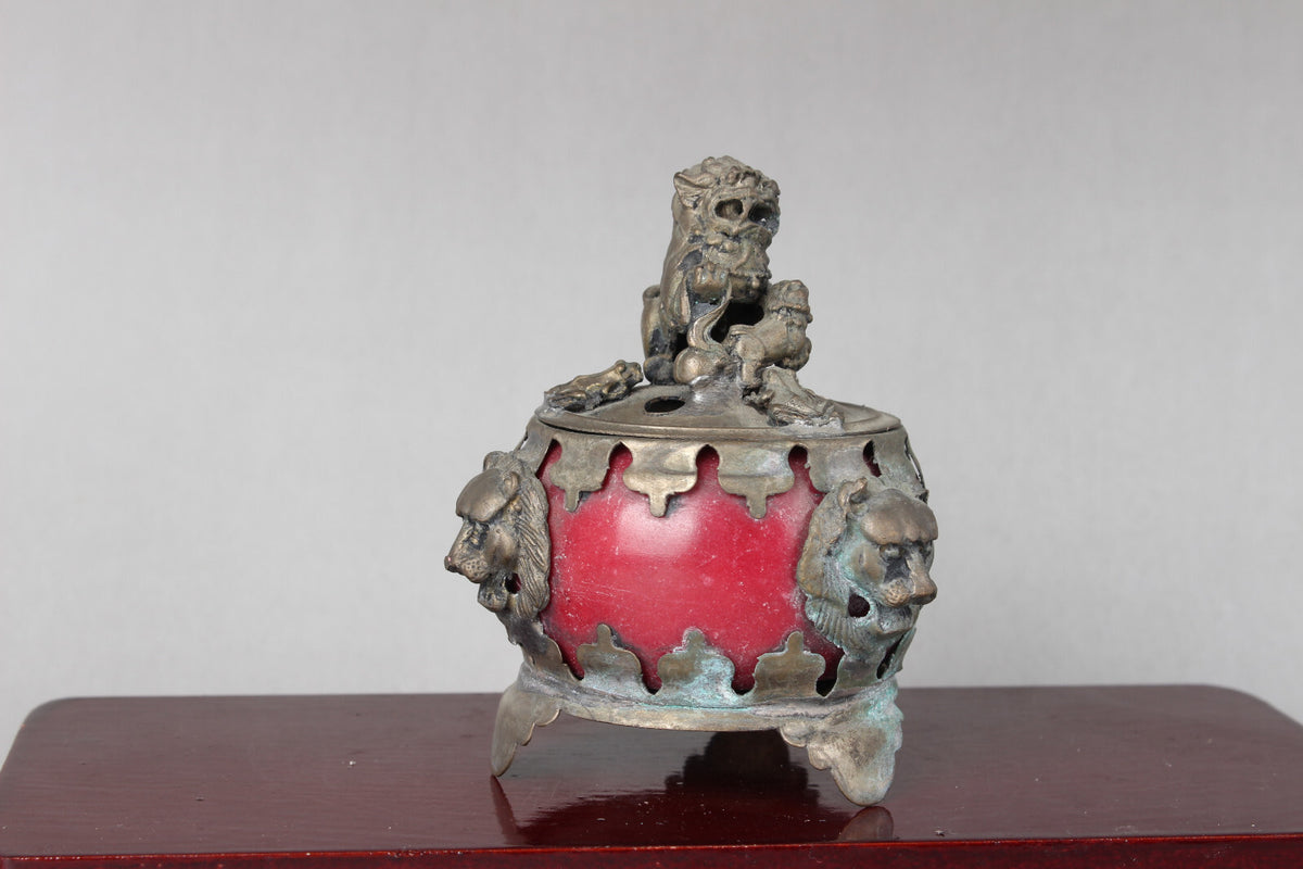 Old Chinese Tibet Feng Shui Jade Inlaid Silver Incense Burner
