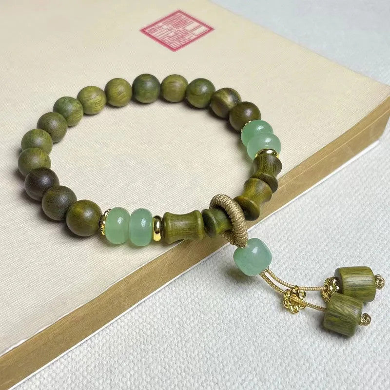 Natural Green Sandalwood Square Bead Bracelet Bamboo Buddha Beads Hand String
