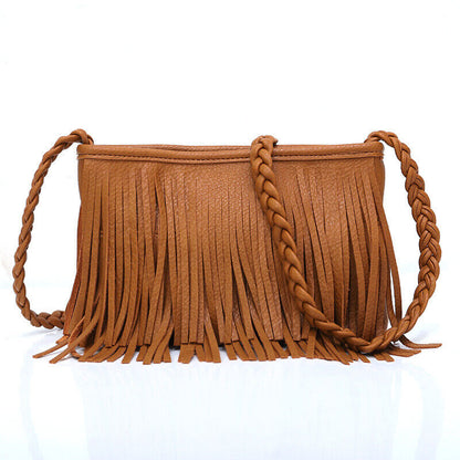 Retro PU Leather Hand-woven Tassel Shoulder Diagonal Designer Handbag Square Bag