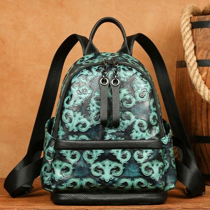 Real Leather Backpack, Floral Embossed and rubbed Backpack Women's Shoulder Bags