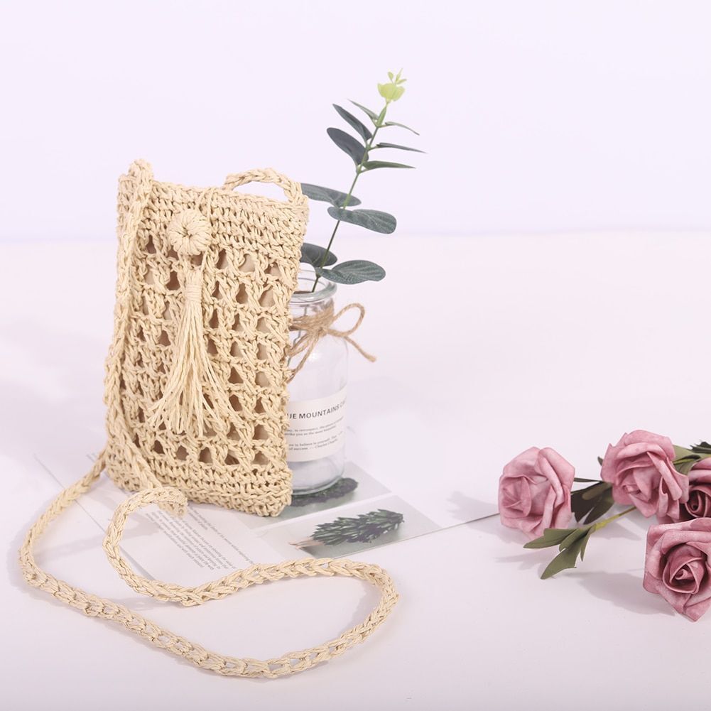 Handmade Rattan Woven Handbag Straw Knitted Messenger Bag Beach Purse 20*12 CM