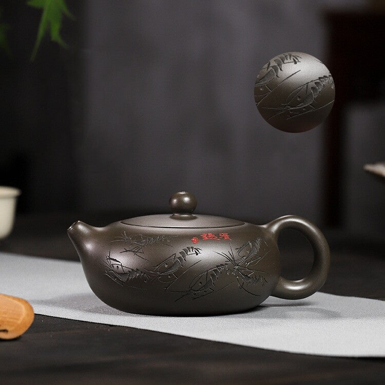 rare original ore real yixing zisha tea pot handmade master pot shrimp carved