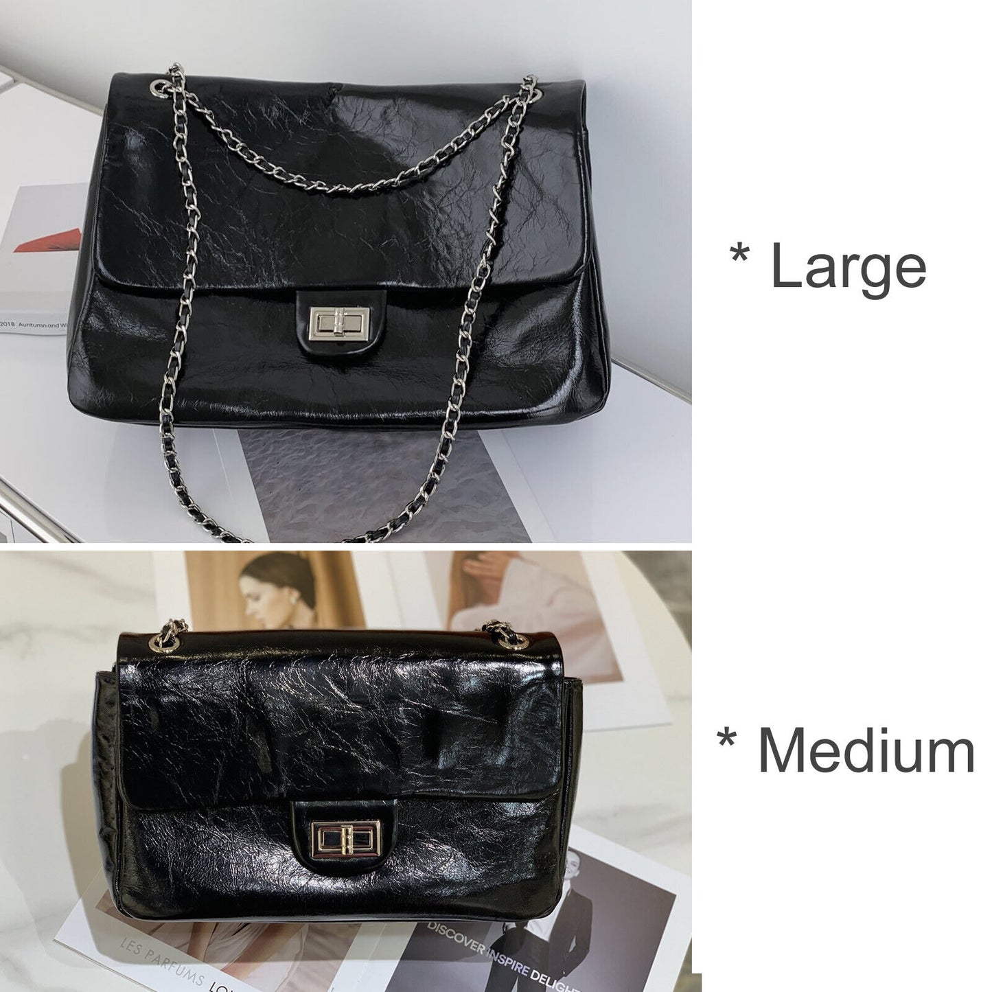 Shiny Real Leather Small Flap Shoulder Bag Purse Double Chains Crossbody Handbag