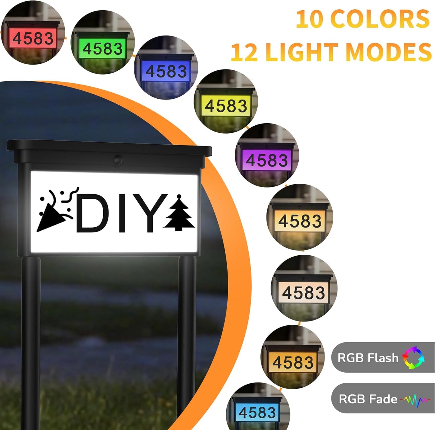 Upgraded Solar Address Sign, House Numbers for outside Double Side, 12-Color Mod