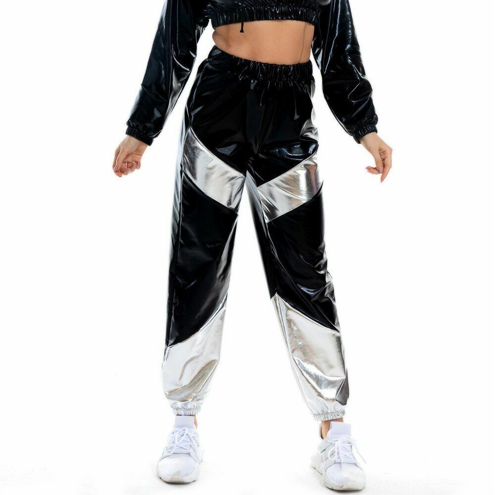 Women Pants Long Pockets High Waist Loose Holographic Patchwork Trousers Jogger