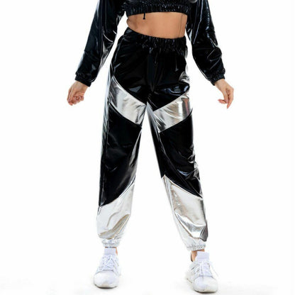 Women Pants Long Pockets High Waist Loose Holographic Patchwork Trousers Jogger