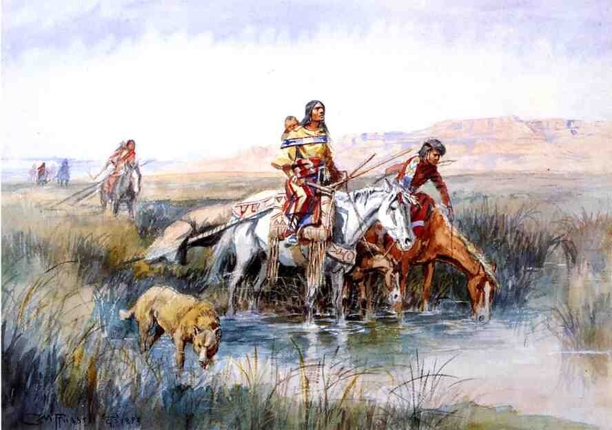 Art Oil painting landscape-Women-Moving-Camp-Charles-Marion-Russell canvas