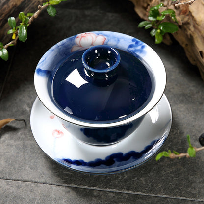 Porcelain Gaiwan Blue Glaze Tureen Jingdezhen Handpainted Covered Bowl Tea Cup