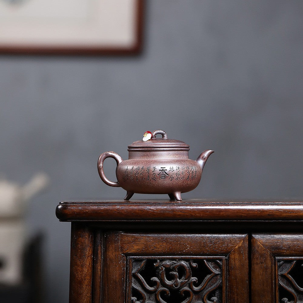 Tea Pot With Three Feet Real Yixing Zisha Duan Clay Ball Shaped Infuser Holes