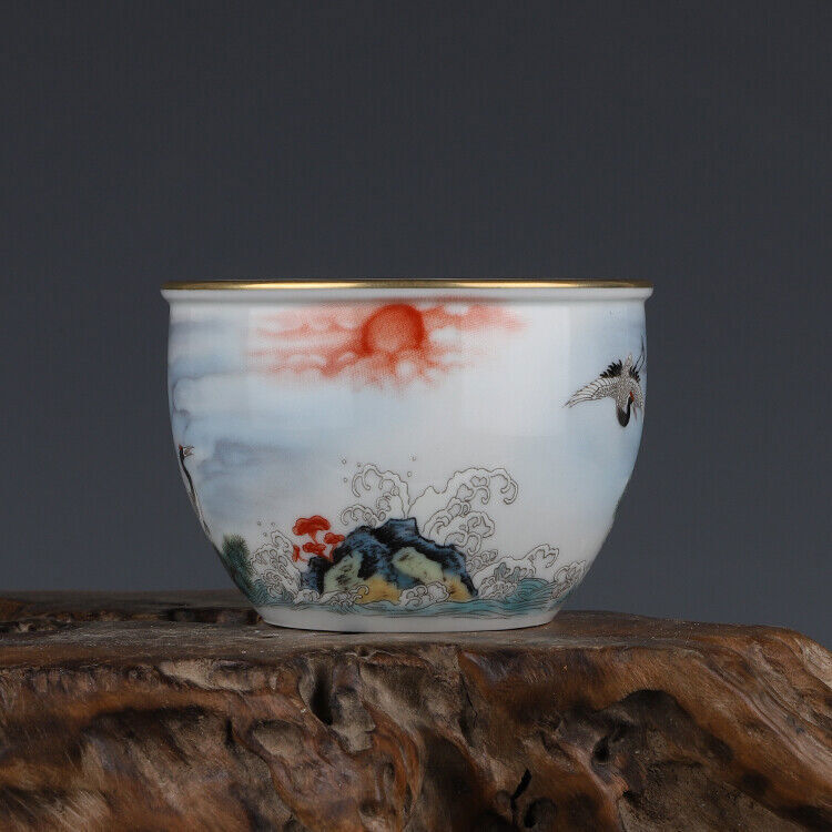 125ML Chinese Porcelain Jingdezhen Colour Enamel Pine Crane Pattern Tea Cups