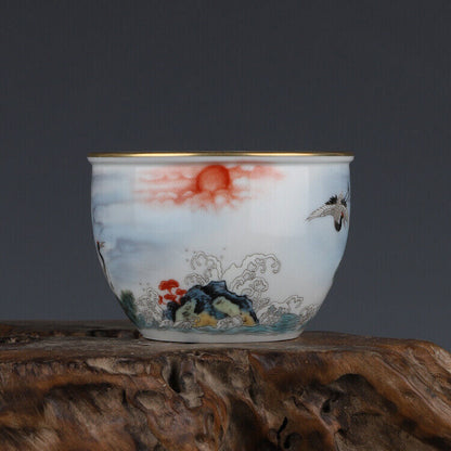 125ML Chinese Porcelain Jingdezhen Colour Enamel Pine Crane Pattern Tea Cups