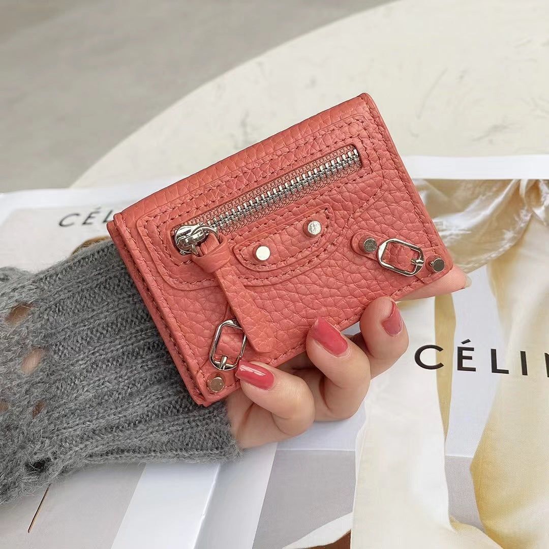 Short Wallets Genuine Leather Trifold Purse Cool Rivet Decorations 9.5*6.5*2.5CM