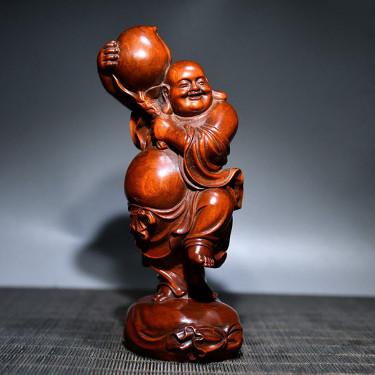 Vintage Chinese Wooden Carved Laughing Buddha Figure Statue Wood Home Decor Art
