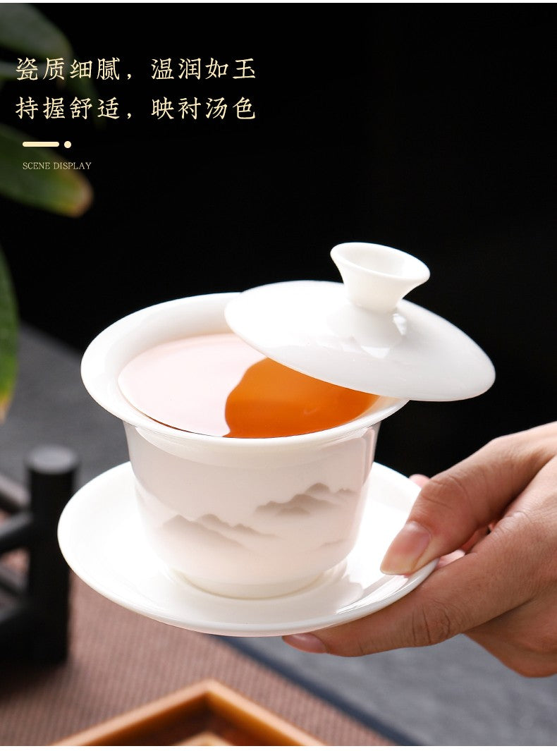 Sheep Fat Jade Porcelain San Cai Gaiwan Ink Wash Landscape Tea Bowl Household