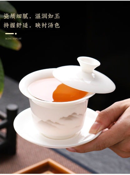 Sheep Fat Jade Porcelain San Cai Gaiwan Ink Wash Landscape Tea Bowl Household